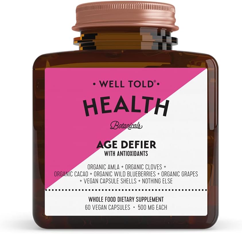 Well Told Anti-Aging Skin Support Supplement Health Age Defier avec Amla biologique, Cacao et Resvératrol de raisins organiques - Non-OGM + Vegan (60 capsules)