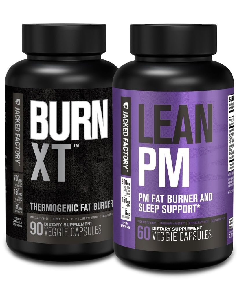 Brûlure de graisse thermogénique XT Jacked Factory Burn - Comprimant d'appétit et booster d'énergie nootropique (90 capsules) et supplément de perte de poids Lean PM, soutien du sommeil (60 capsules)