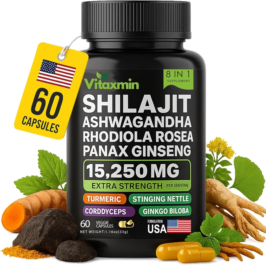 Capsules Shilajit et Ashwagandha, multivitamine 8-en-1 à base de plantes pour hommes et femmes, avec Rhodiola Rosea, Ginseng et Sting Nettle, Shilajit pour hommes et femmes