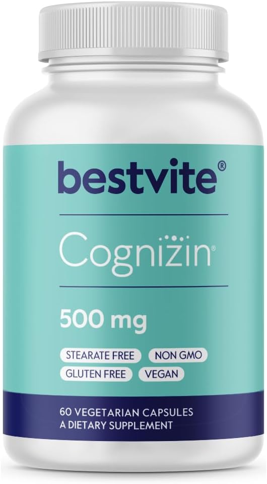 BESTVITE Cognizin Citicoline 500mg (60 capsules végétariennes) - Études cliniques Premium Choline Nootropic - Pas de stéarates - Vegan - Non OGM - Sans gluten - Suppléments Cerveau pour la Mémoire et la Focus