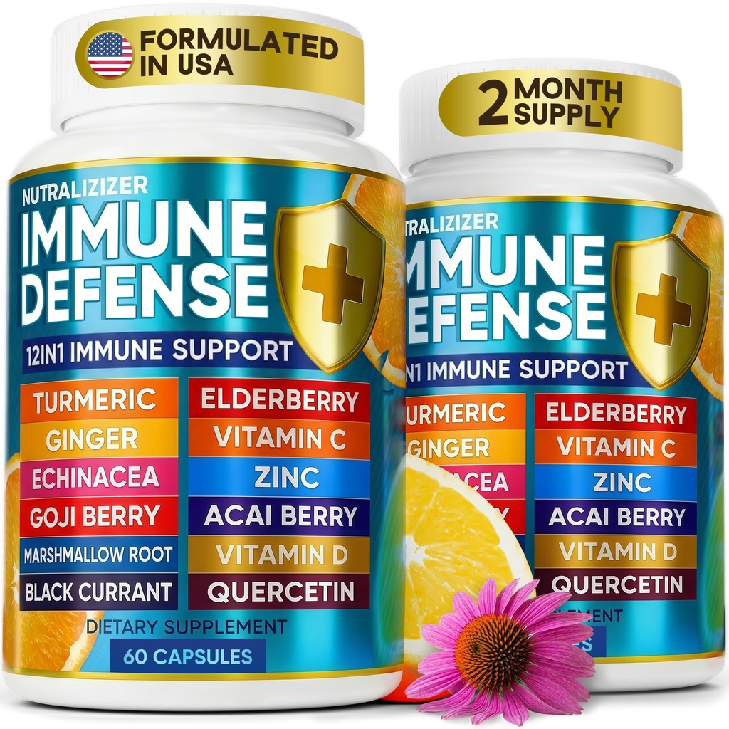 12 en 1 Vitamines de défense immune Premium - Supplément immune avec/vitamine D3 5000 UI Vitamine 1000mg Zinс 50mg - Choix Luxe pour le soutien immunitaire Premium - avec Echinacea Elderberry et Ginger - 120 capsules