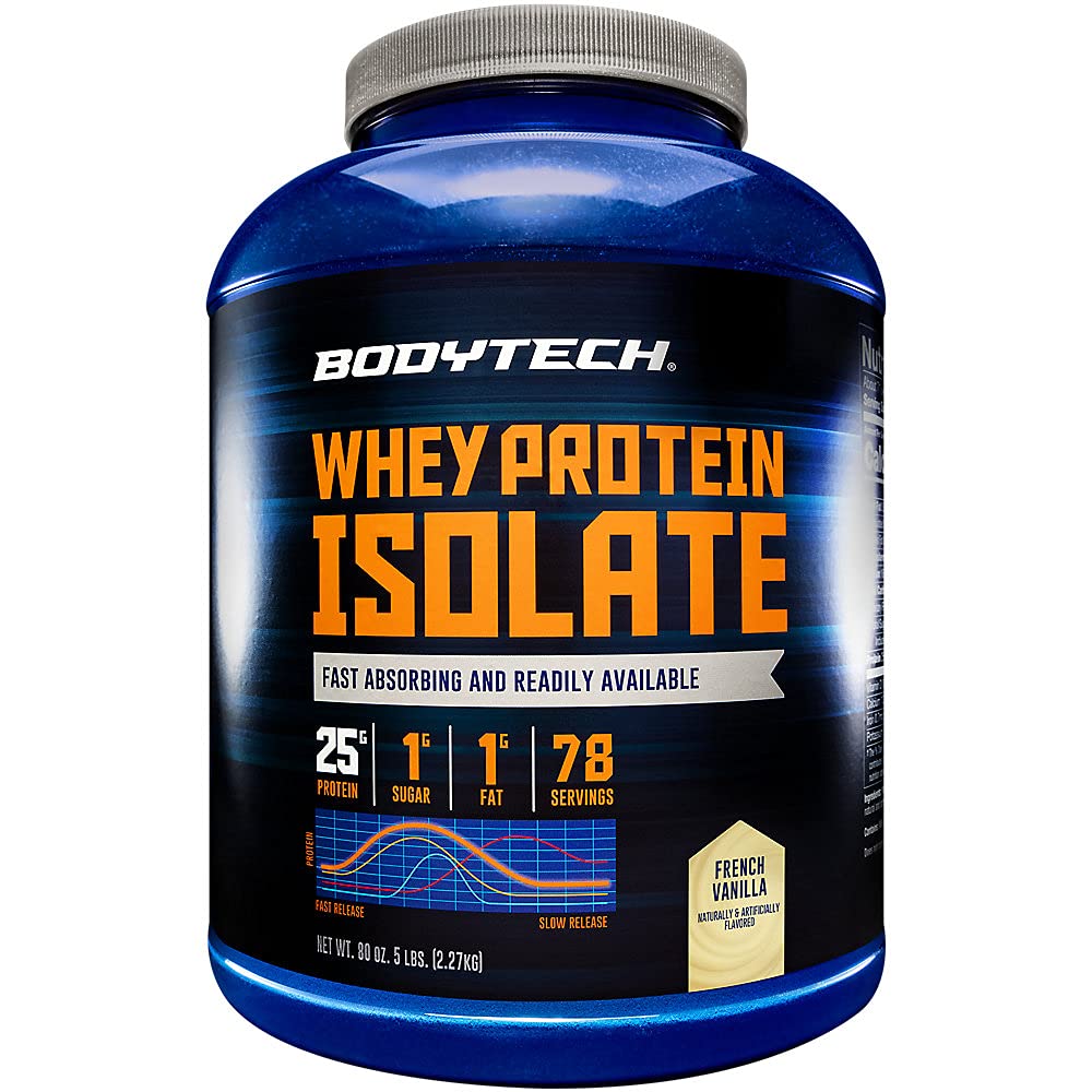 BODYTECH Poudre isolate de protéines de lactosérum - avec 25 grammes de protéines par portion et BCAA - Idéal pour la construction et la croissance musculaires après l'entraînement, contient du lait et du soja - Vanille (5 livres)