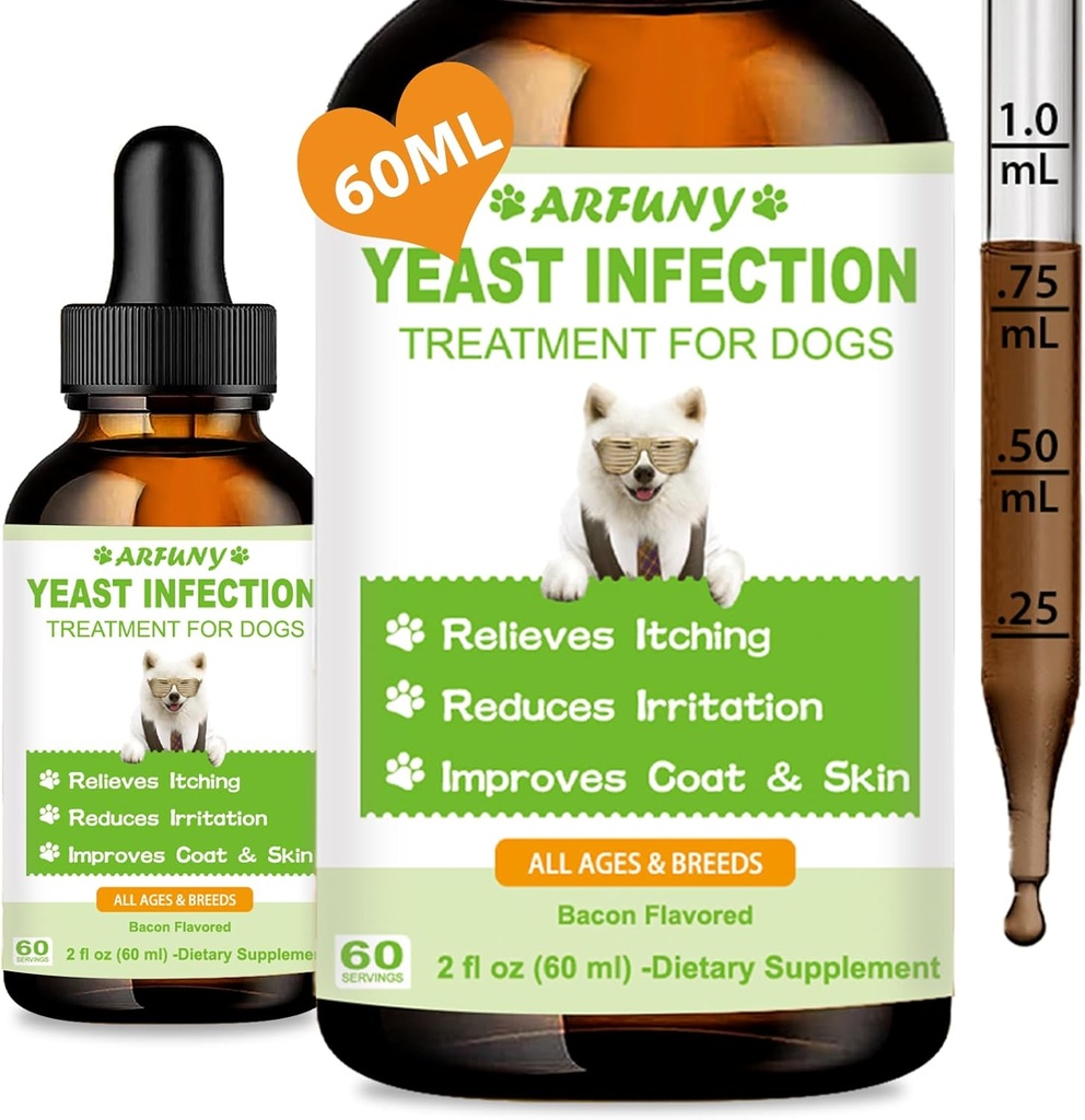 Traitement de l'infection des levures naturelles pour chiens 60ML soutient le soulagement des démangeaisons saines 2 fl oz, bacon Flavor