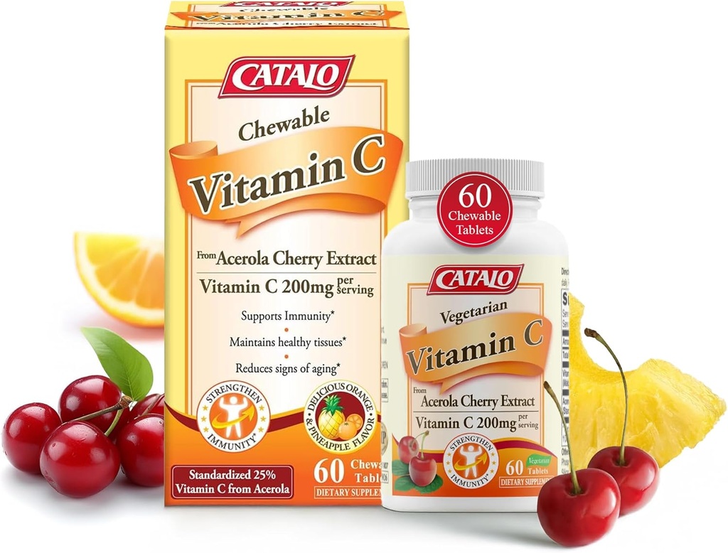 Formule vitamine C de CATALO - Extrait de cerise d'acérola, 200 mg de vitamine C par portion, rajeunissement de la peau, production de collagène, délicieuse saveur d'orange et d'ananas, 60 comprimés à croquer