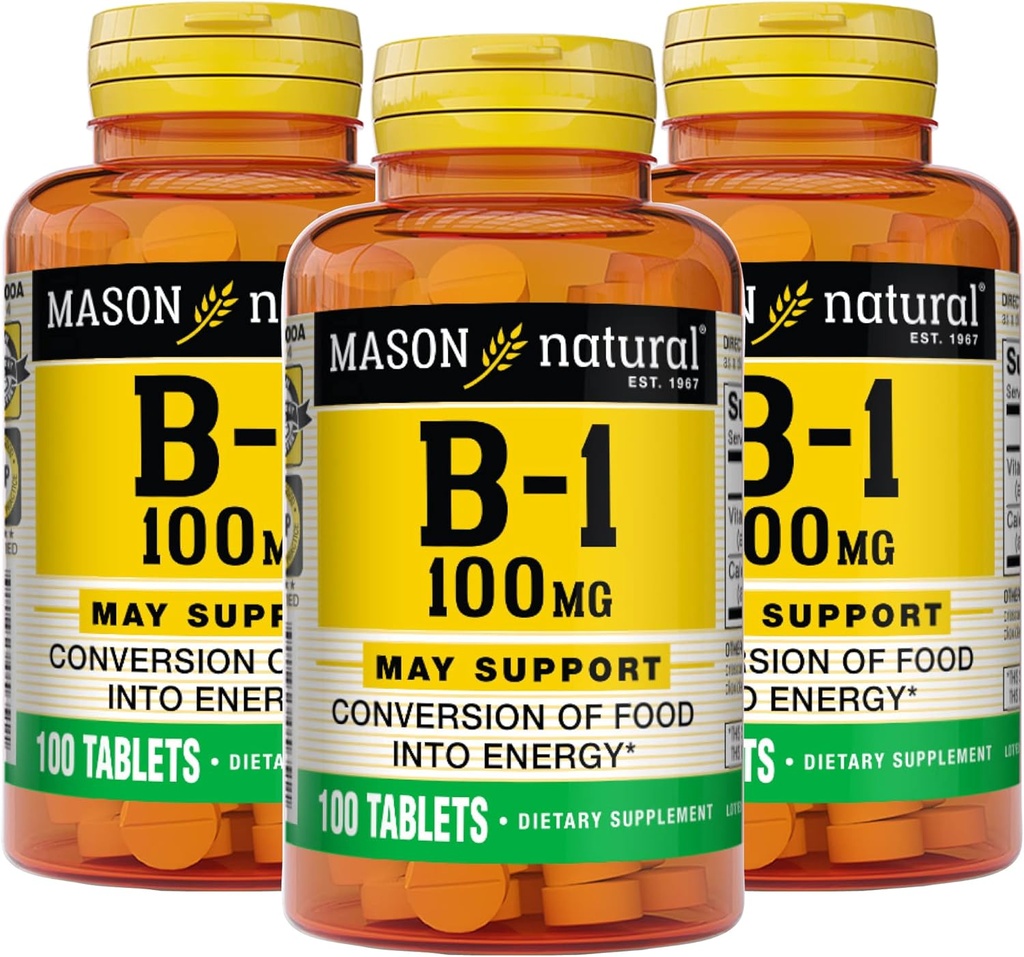 Mason Vitamine naturelle B1 (Thiamine) 100 mg, La conversion saine des aliments en énergie, soutient la santé Nerve et immunitaire, 100 comprimés (paquet de 3)
