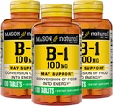 Mason Vitamine naturelle B1 (Thiamine) 100 mg, La conversion saine des aliments en énergie, soutient la santé Nerve et immunitaire, 100 comprimés (paquet de 3)