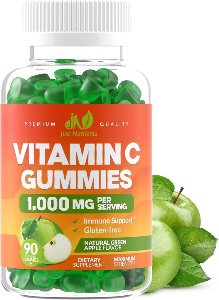 Vitamine C Gommies 1000mg pour les adultes et les enfants - maximum de force de soutien à l'immunité à croquer, soutien au collagène - Saveur de pomme verte aigre - sans gluten, sans OGM, végétarien - 90 Gommies (30 portions)