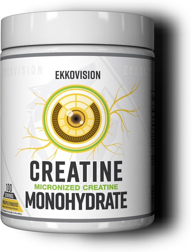 Ekkovision poudre monohydratée de créatine, micronisée, paradis des ananas, pré-entraînement et supplément post-entraînement pour les hommes et les femmes, soutien énergétique, facile à mélanger dans les secousses, smoothies et boissons, 100 Srvgs