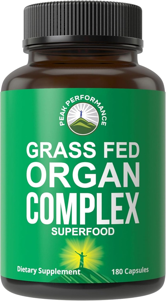 Peak Performance Complexe d'organes de boeuf herbeux de Nouvelle-Zélande (180 capsules) Organes déshydratés Pills Superfood. Gélules de foie de boeuf avec coeur, rein, pancréas, rate. Supplément