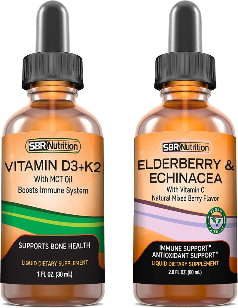 SBR Nutrition D3+K2 et ensemble de baies d'ail Vitamine D3K2 (MK7) gouttes liquides, menthe de poivre, 1 oz