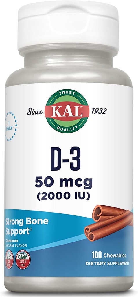KAL Vitamine D3 Chewables 50 mcg, Vitamine D 2000 UI en tant que Cholecalciferol, Sans sucre, Saveur de cannelle naturelle D3 Vitamine, Soutien immunitaire et santé des os, 100 portions, 100 Chewables