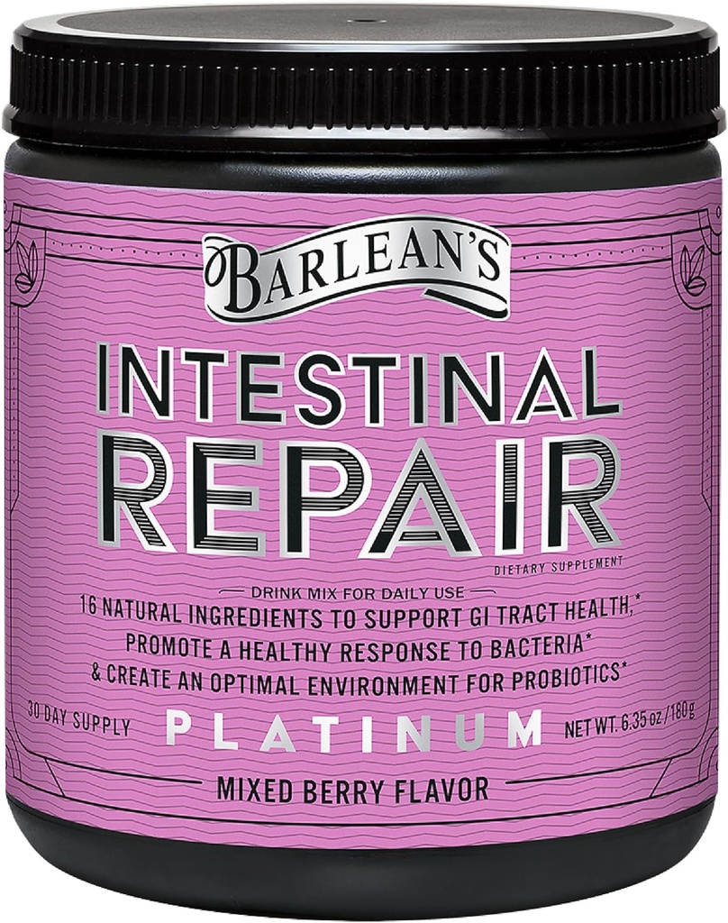 Barlean's intestinal Repair Gut Health Powder avec 16 suppléments digestifs, L-Glutamine, Marshmallow et racine de réglisse, Aloe Vera, et Fiber Mixed Berry Flavor, 6,35 oz