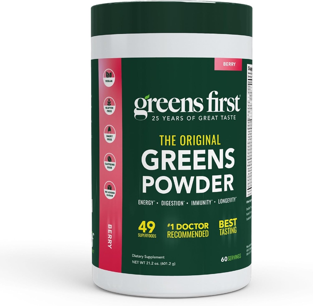 Greens First Original Greens Powder - 49 Superfoods - Fruits et légumes biologiques - Prébiotiques, probiotiques et enzymes digestives - Smoothie antioxydant - Sans produits laitiers, végétaliens et non-OGM (Berry, 60 portions)