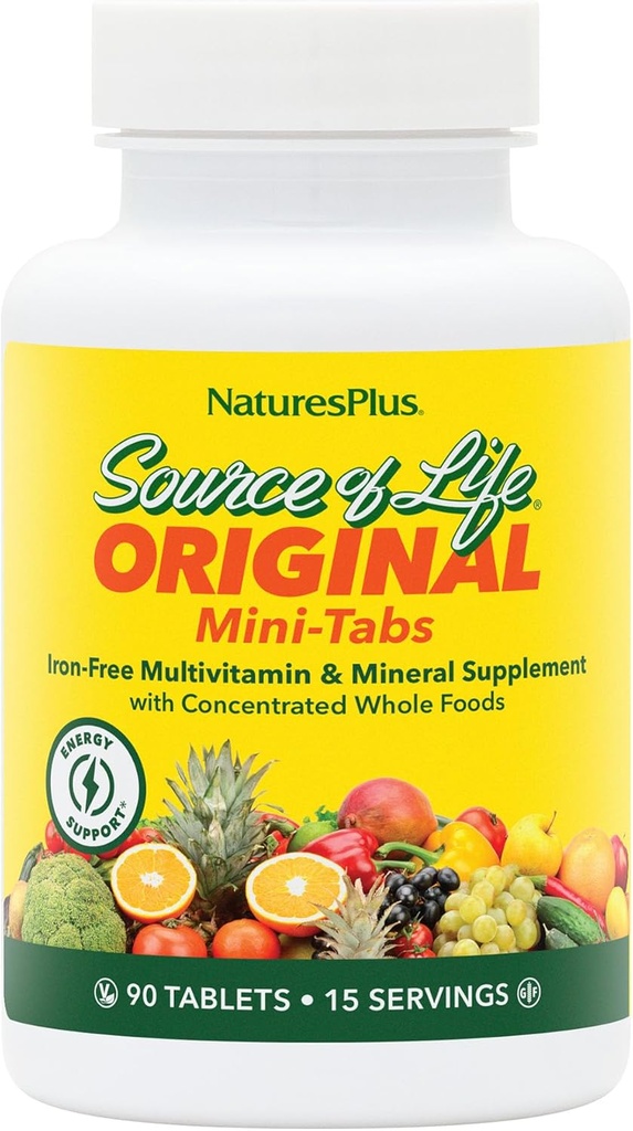 Natures Plus Source de vie Mini-Tabs Non Fer - 90 Mini comprimés végétariens - Facile à avaler Multivitamines et suppléments minéraux naturels pour la santé et l'énergie - 15 portions