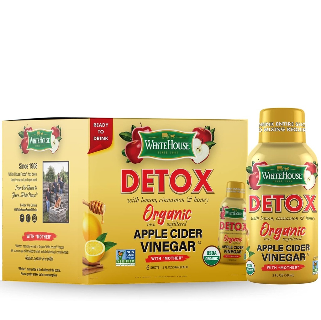 White House Detox Apple Cider Vinegar Shots, Raw Unfiltered, On The Go (Detox, Pack of 6)