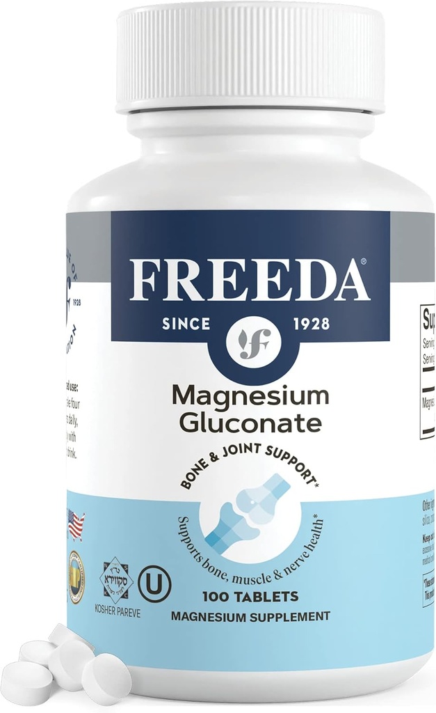 Gluconate de magnésium Freeda - Supplément de magnésium végétalien Kosher pour les hommes et les femmes - Crampe et spasme des jambes et des muscles - Relaxeur musculaire naturel - Vitamines et suppléments de magnésium (100 comprimés)