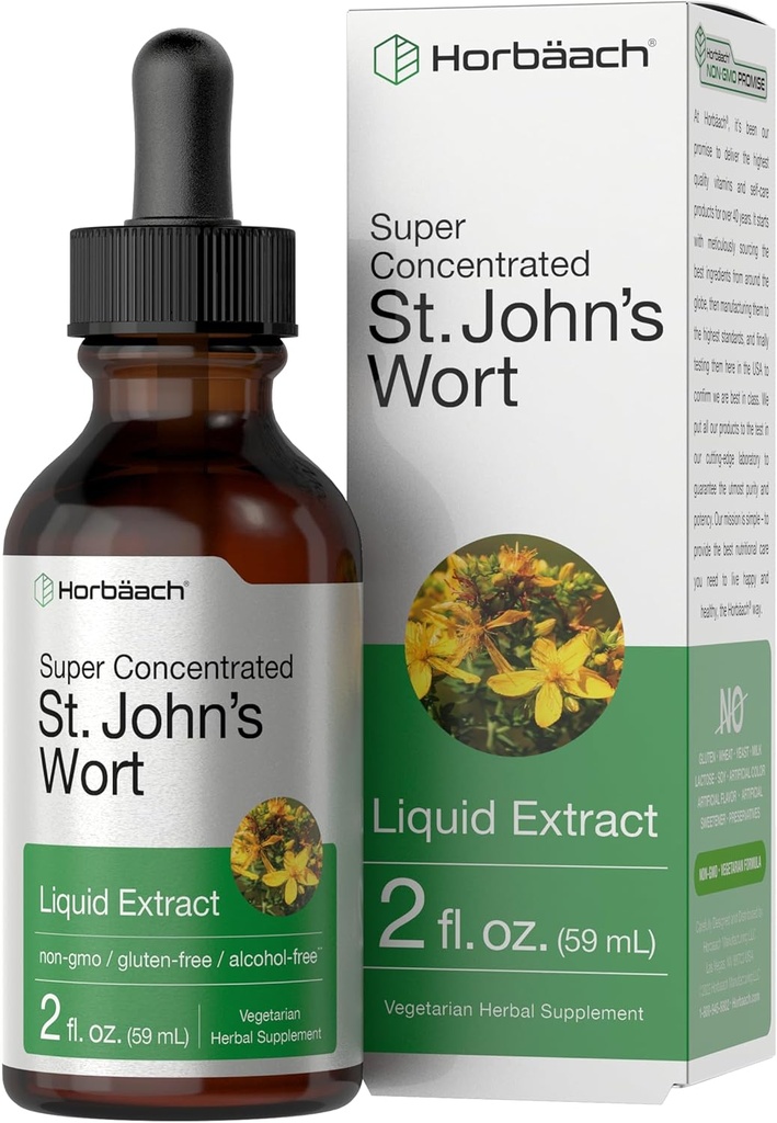 Horbäach St Johns Teinture de millepertuis 2 Fl Oz. Sans alcool. Extrait de liquide végétarien non-OGM, supplément sans gluten