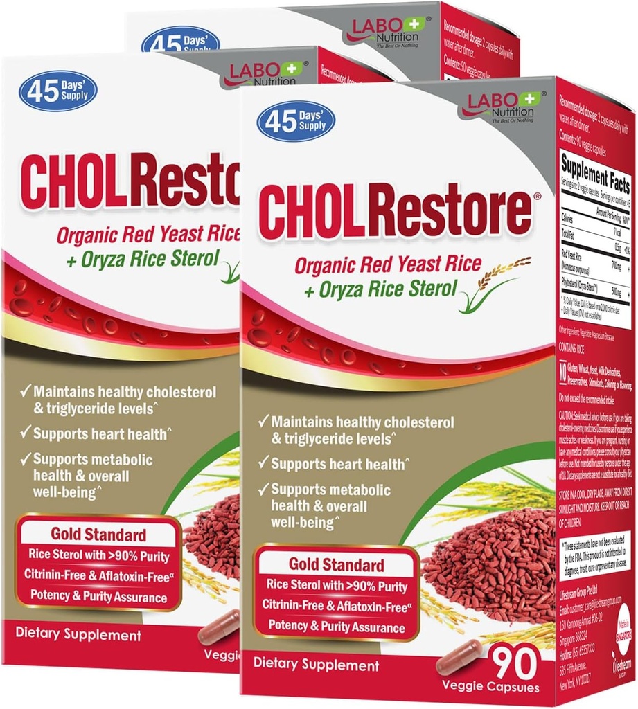 LABO Nutrition CHOLRestore – Riz rouge de levure avec supplément de phytostérol pour la santé, soutient des niveaux de cholestérol sains, sans citrine et aflatoxine, 90 capsules de légumes 3x3