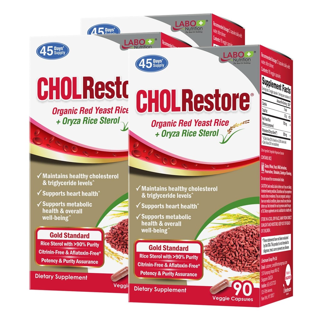 LABO Nutrition CHOLRestore – Riz rouge de levure avec supplément de phytostérol pour la santé, soutient des niveaux de cholestérol sains, sans citrine et aflatoxine, 90 capsules de légumes 3x3