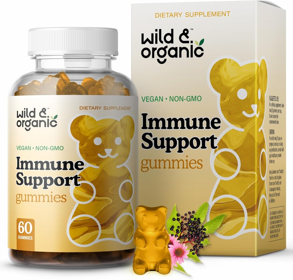 Gummées de soutien immunitaire sauvage et biologique - Elderberry 1000mg & Vitamine C 500mg - Supplément de soutien immunitaire naturel - Gummées d'immunité végétalienne avec vitamine C D Zinc - 60 Compte