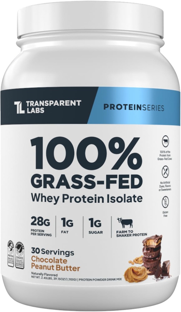 Labos transparents Isolate de protéines de lactosérum d'herbe - naturel aromatisé, sans gluten poudre de protéines de lactosérum avec 28g de protéines par portion et 9 acides aminés - 30 portions, beurre d'arachide au chocolat