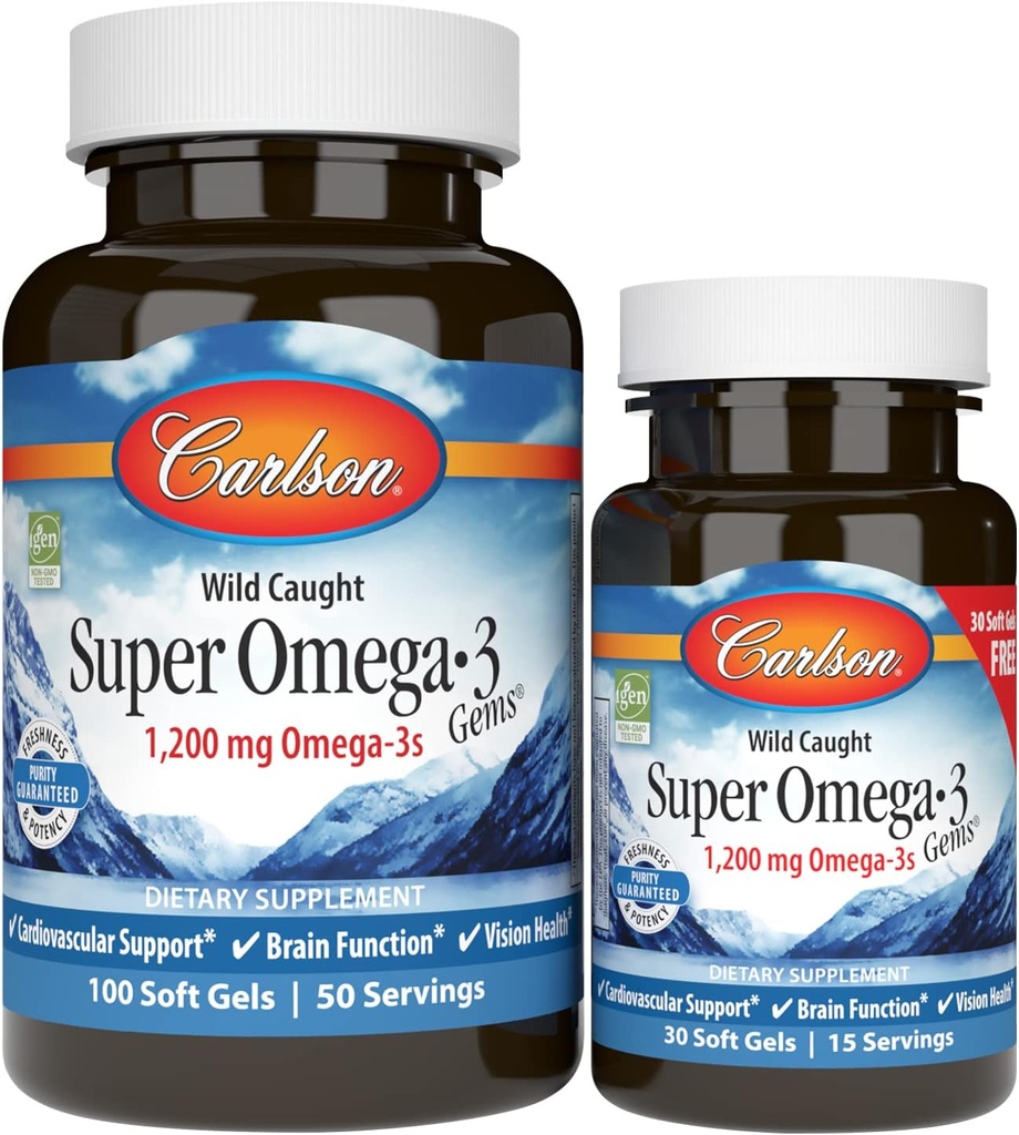 Carlson - Super Omega-3 Gems, 1200 mg Omega-3 Acides gras avec EPA et DHA, Supplément Omega 3 à l'huile de poisson de Norvège, 100+30 Softgels