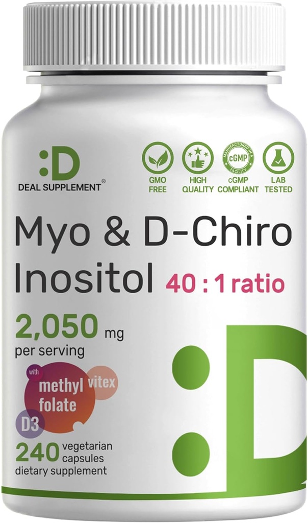Myo-Inositol et supplément D-Chiro Inositol pour les femmes (40:1) $ 2,050mg par portion $ 240 Capsules de légumes avec folate, vitamine D3 et vitex $ Balance hormonale et soutien du cycle $ Non-OGM