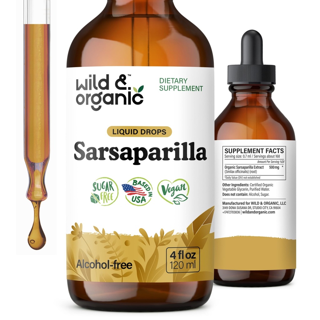 Teinture de racine Sarsaparilla sauvage et biologique - Soutien global - Supplément extrait Sarsaparilla - Vegan, sucre et gouttes liquides sans alcool - 4 fl oz