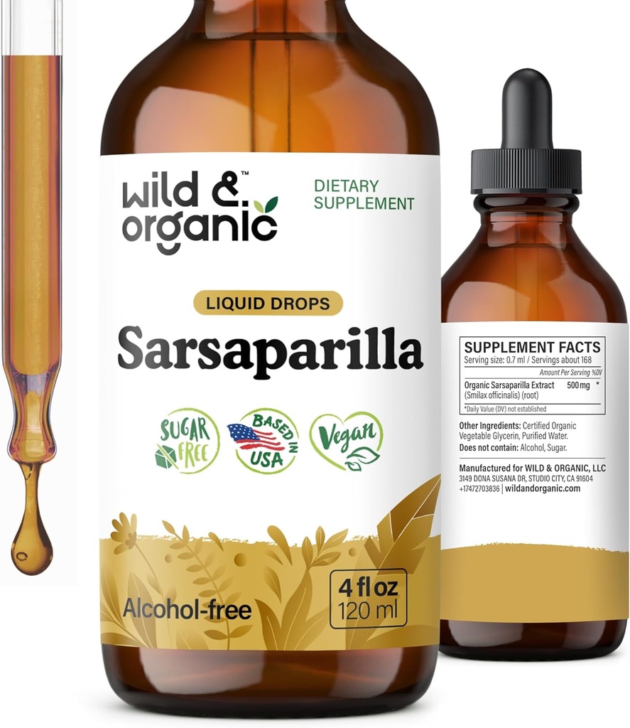 Wild & Organic Sarsaparilla Root Tincture - Overall Support - Sarsaparilla Extract Supplement - Vegan, Sugar & Alcohol-Free Liquid Drops - 4 fl oz
