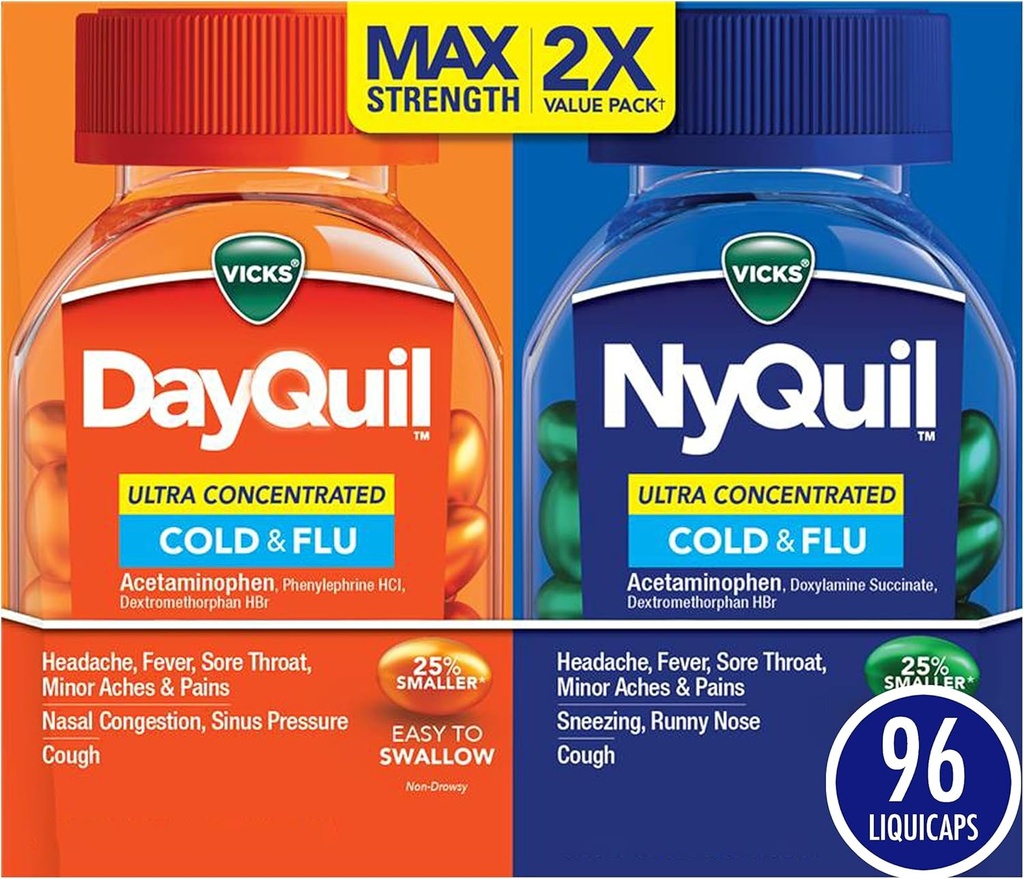 Vicks DayQuil & NyQuil Ultra Concentré Liquicaps Co-Pack, Médecine du rhume et de la grippe, puissant multisymptômes Daytime & Nighttime Relief pour les maux de tête, fièvre, gorge douloureuse, douleurs et douleurs mineures, et Toux, 96ct