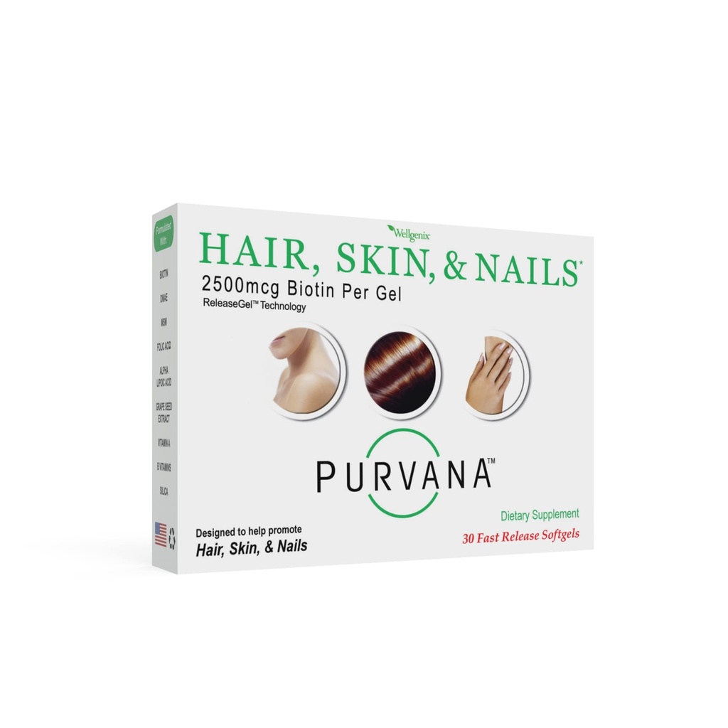 Wellgenix Purvana Vitamine des cheveux, de la peau et des ongles - 2500mcg Biotine, acide folique, DMAE, extrait de graines de raisin - Un softgel par jour - PCOS & Postpartum Hair Loss Support - (30 Compte)