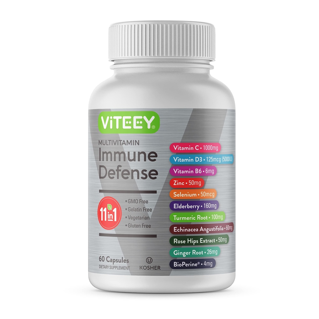 Viteey 11 en 1 Supplément de soutien immunitaire - Immune Defense avec Vitamine D3, B6, Echinacea, Curcuma, Rose-HIPS, Sélénium, BioPerine, Ginger, Elderberry Vitamine C et Zinc - 60 Compte