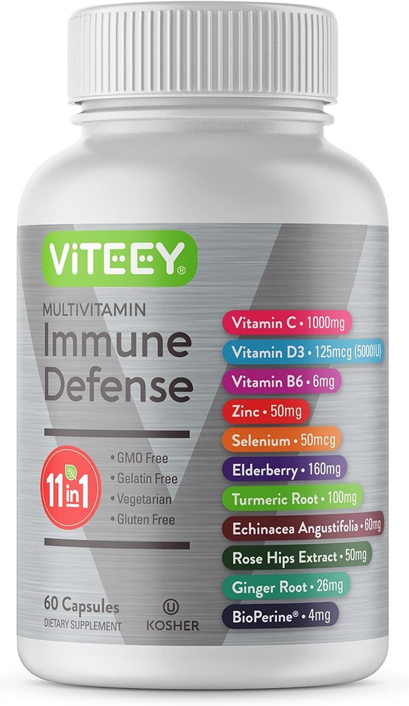 Viteey 11 en 1 Supplément de soutien immunitaire - Immune Defense avec Vitamine D3, B6, Echinacea, Curcuma, Rose-HIPS, Sélénium, BioPerine, Ginger, Elderberry Vitamine C et Zinc - 60 Compte