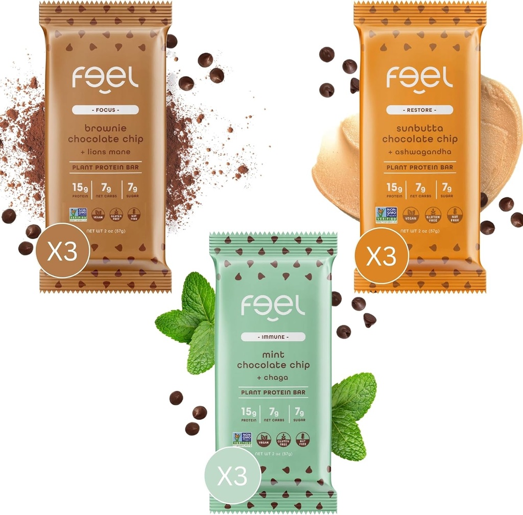 Feel Vegan Protein Bars (en anglais seulement) Chocolate Lovers (en anglais seulement) Keto (en anglais seulement) Gluten Free (en anglais seulement) Organic (en anglais seulement) Lions Mane (en anglais seulement) Chaga (en anglais seulement) Ashwagandha (en anglais seulement) 15g Protein (en anglais seulement) Faible Sucre (en anglais seulement) Non GMO (en anglais seulement) Sunbutta + Brownie + Menthe - 9 Pack