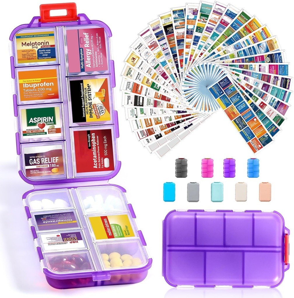 14 Grilles Travel Pill Organizer Box with 415-Pcs Medicine Name Labels, Pocket Daily Pharmacie Case Container, Travel Medicating Holder Dispenser Kit pour l'huile de poisson de supplément de vitamine stockage -Clear Purple