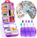 14 Grids Travel Pill Organizer Box with 415-Pcs Medicine Name Labels, Pocket Daily Pharmacy Case Container, Travel Medication Holder Dispenser Kit for Fish Oil Vitamin Supplement Storage -Clear Purple