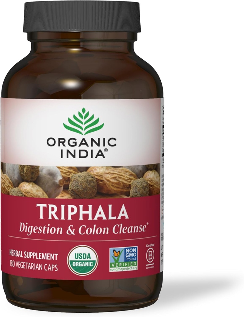 ORGANIC INDIA Triphala Capsules Organic - Herbal Supplement with Amla, Bibhitaki, Haritaki, Digestion & Colon Support, Immune System Support, Adaptogen, Vegan, USDA Certified Organic - 180 Capsules