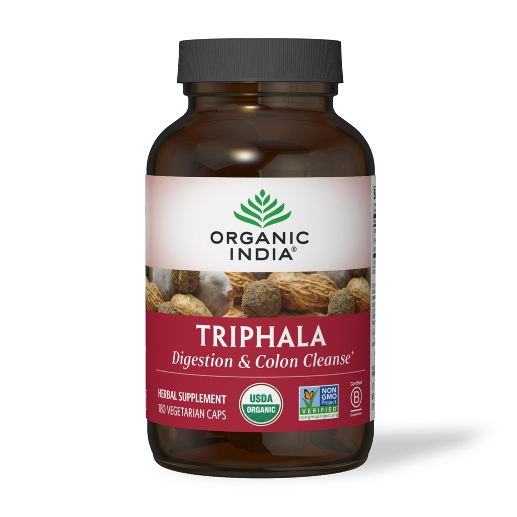 ORGANIQUE INDIA Triphala Capsules Organic - Supplément à base de plantes avec Amla, Bibhitaki, Haritaki, Soutien Digestion & Colon, Prise en charge du système immunitaire, Adaptogène, Vegan, USDA certifié Organic - 180 Capsules