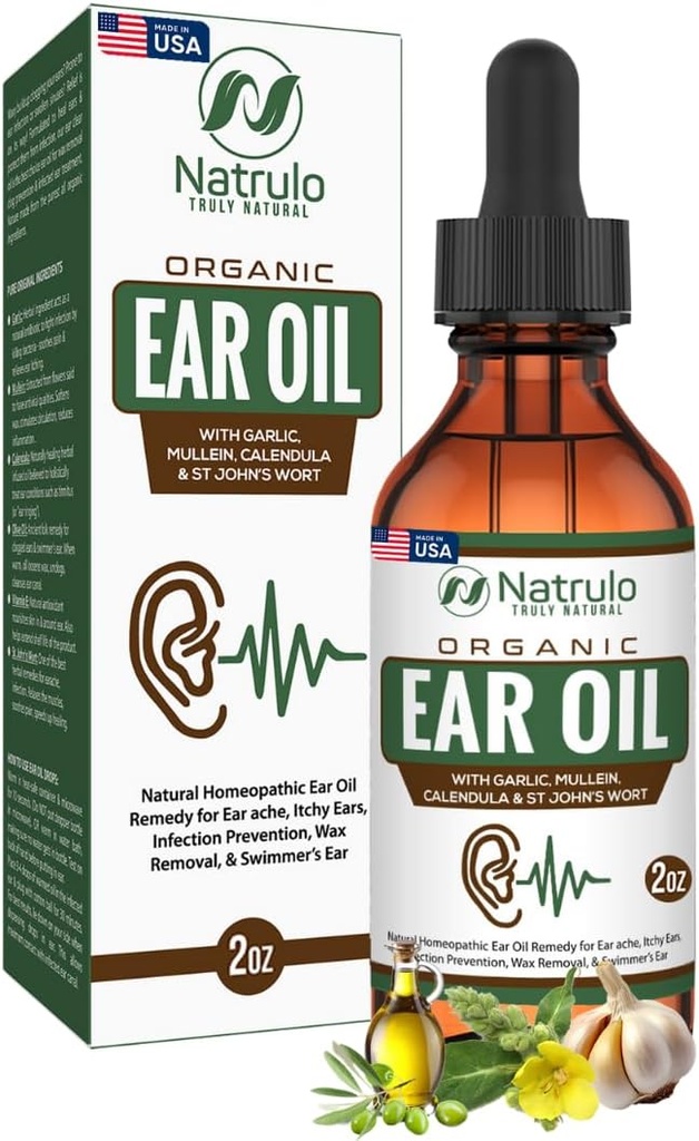 Huile d'oreille biologique pour l'infection de l'oreille - Earrops naturels pour la douleur de l'oreille, l'oreille de Swimmer et l'enlèvement de la cire - Enfants, Adultes, Baby & Dog Earache Remède - gouttes d'oreille avec Mullein, Ail Fabriqué aux États-Unis
