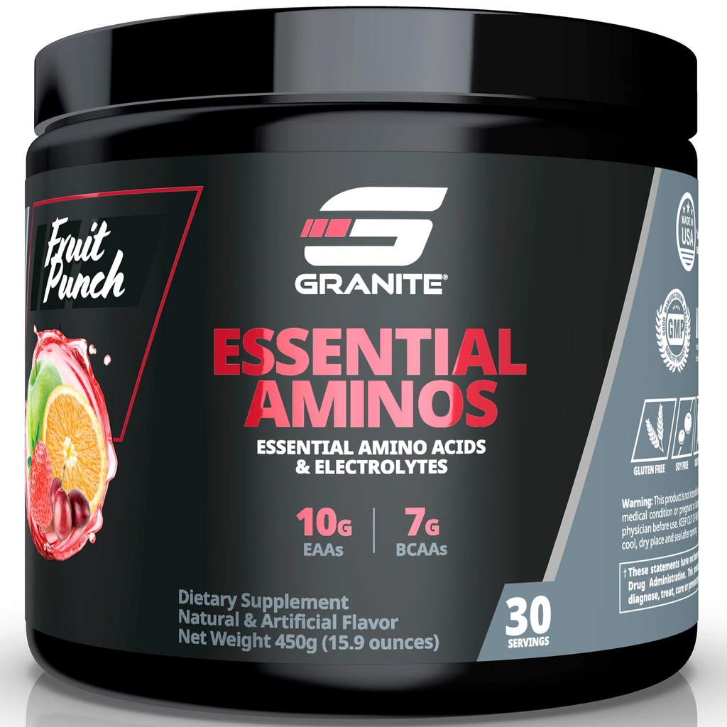 Acides aminés essentiels de granit poudre pour la récupération et la croissance musculaire avec 10g d'AAE et 7g BCAA - sans soja, sans gluten, 448g (30 portions), goût de punch de fruits