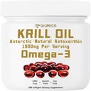 Supplément huile de krill antarctique, riche en EPA Omega-3s, DHA & Astaxanthin, 1000mg par service, supplément pour le cœur et l'immunité, 300 Soft-Gels