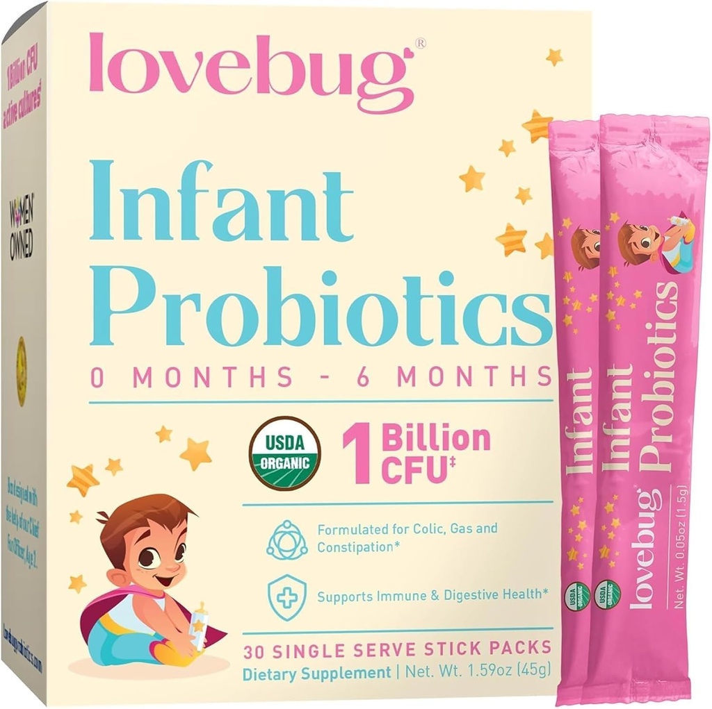 LOVEBUG Probiotiques nourrissons 0-6 mois - USDA Probiotiques biologiques pour bébés, soutient le gaz pour bébé, le colique, la diarrhée et le soulagement de la constipation nouveau-né, sans allergène et sans sucre, poudre sans goût, 30 pack