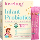 LOVEBUG Probiotiques nourrissons 0-6 mois - USDA Probiotiques biologiques pour bébés, soutient le gaz pour bébé, le colique, la diarrhée et le soulagement de la constipation nouveau-né, sans allergène et sans sucre, poudre sans goût, 30 pack