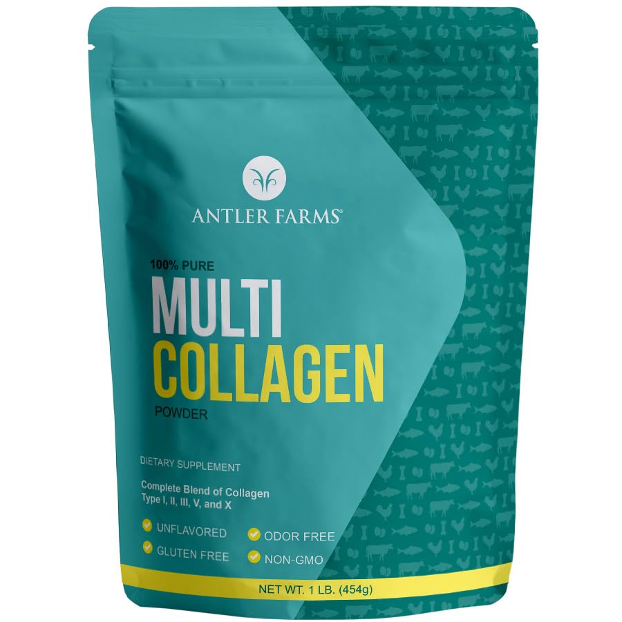 Fermes Antler - Poudre de protéines multicollagènes - 5 types (I, II, III, V et X) Peptides de collagène 100 % hydrolysés purs pour hommes et femmes - Biodisponible, Absorption rapide - Non aromatisé - 1 lb