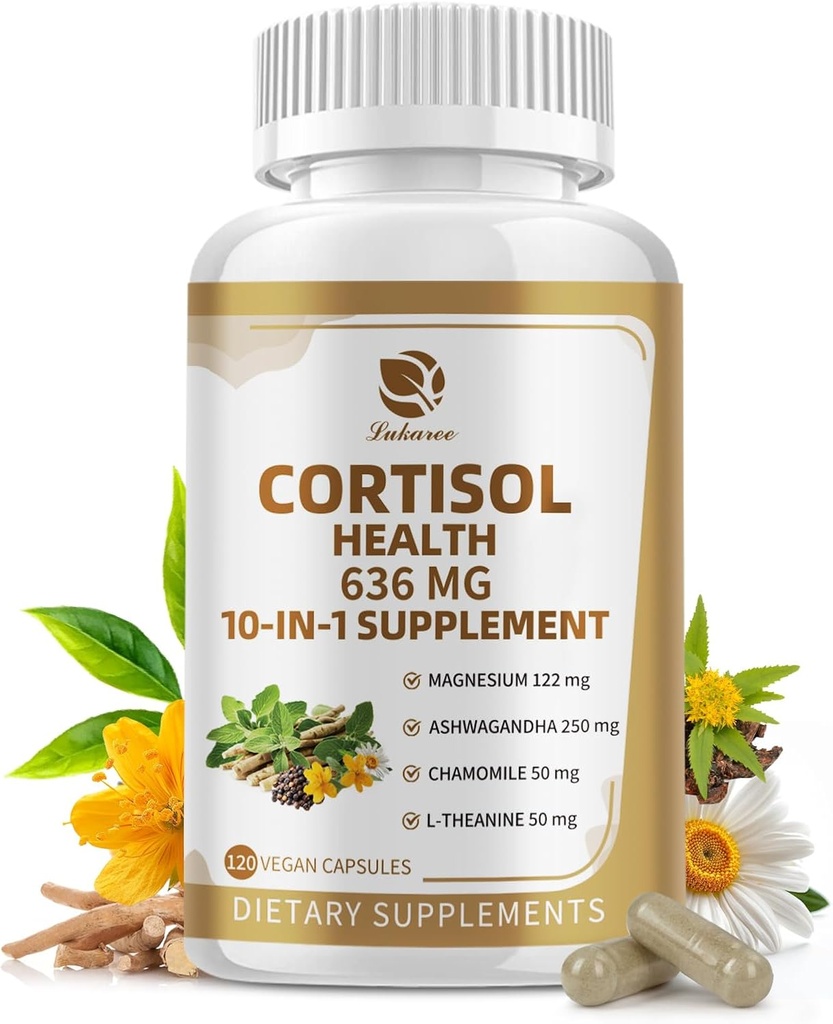 Suppléments de cortisol 10-en-1 avec Magnésium, Ashwagandha, Camomille, L-Theanine, Phosphatidylsérine, St. John's Wort, Astragalus, Vitamine C & D3, pour femmes hommes, 120 Capsules végétaliennes pendant 2 mois, non OGM