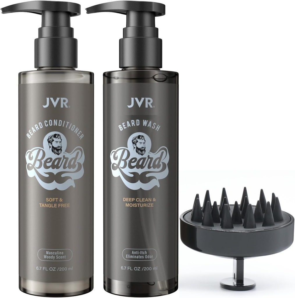 JVR Laver la barbe et conditionner la barbe pour les hommes, le shampooing de la barbe nettoie et réduit les frisottis, adoucit et renforce, biologique avec noix de coco, aloe, fournit de la brillance pour les barbes sèches et grossières, soin de la barbe (6.7oz)