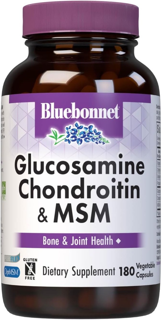 Bluebonnet Nutrition Glucosamine Chondritine Plus MSM, Glucosamine, Sulfate de Chondritine, Vitamine C & OptiMSM, Santé des os et des articulations, Non OGM, Sans gluten, Sans soja, Sans lait, 180 capsules végétales