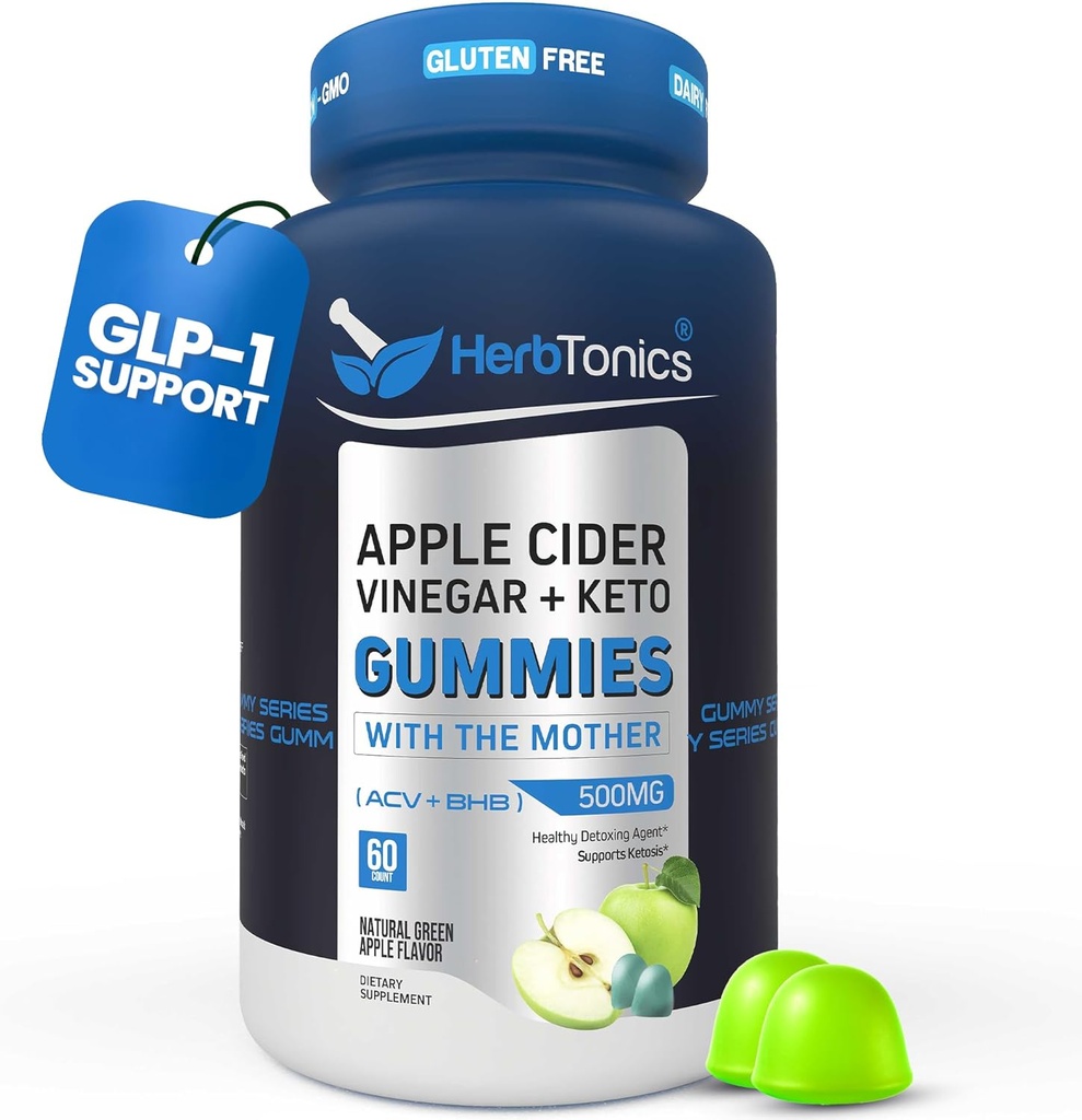 Herbtonics Cèdre de pomme Keto Gommies de vinaigre de cidre de pomme de digestion et detox de GLP-1 Support de GLP-1 Formule avancée sans sucre BHB pour le support de kéto - vinaigre brut avec la mère - 60 Gommies végétaliens de vinaigre de cidre de pomme