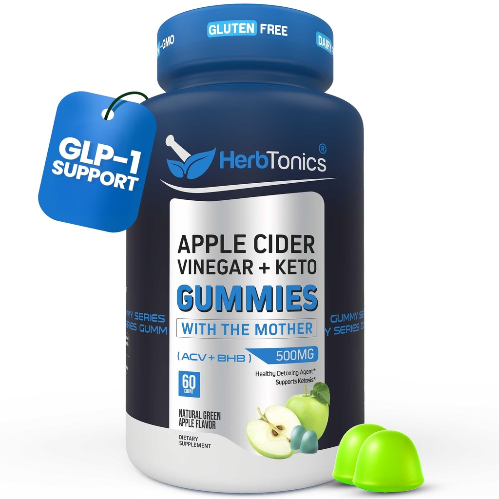 Herbtonics Keto Apple Cider Vinegar Gummies | Digestion & Detox | GLP-1 Support | Sugar Free BHB Advanced Formula for Keto Support - Raw ACV with The Mother - 60 Vegan ACV Gummies