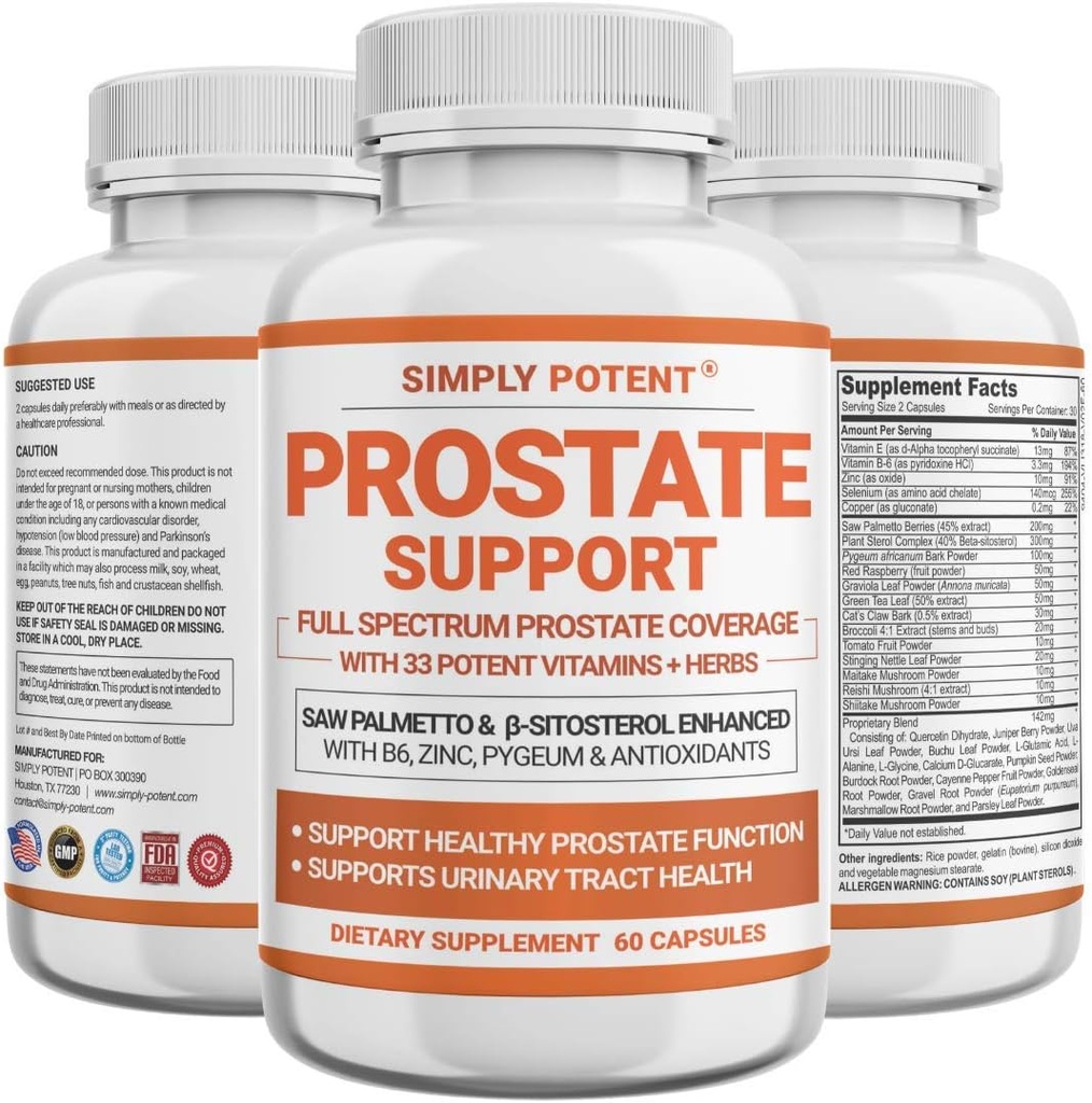 Suppléments de la prostate pour les hommes, Saw Palmetto Prostate Health Support w/ 33 Vitamines et herbes - Beta Sitostérol Plus B6, Sélénium et zinc pour une miction saine Fréquence et débit et sommeil approprié (60 capsules)